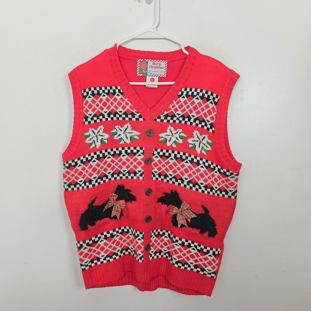 Red White Black Scotty Dog Fair Isle Christmas Holiday Sweater Vest Size L